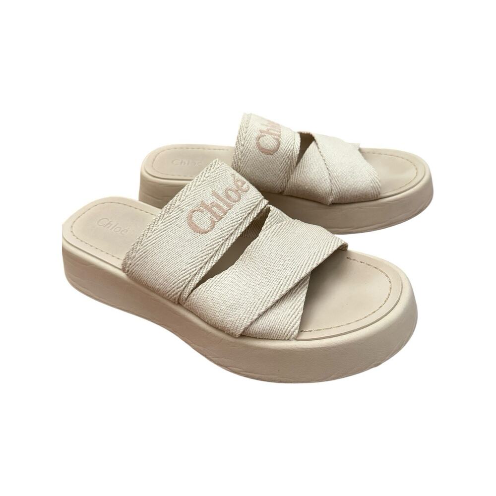 Chloe Mila Canvas Platform Sandals Logo Cream Color Size 39